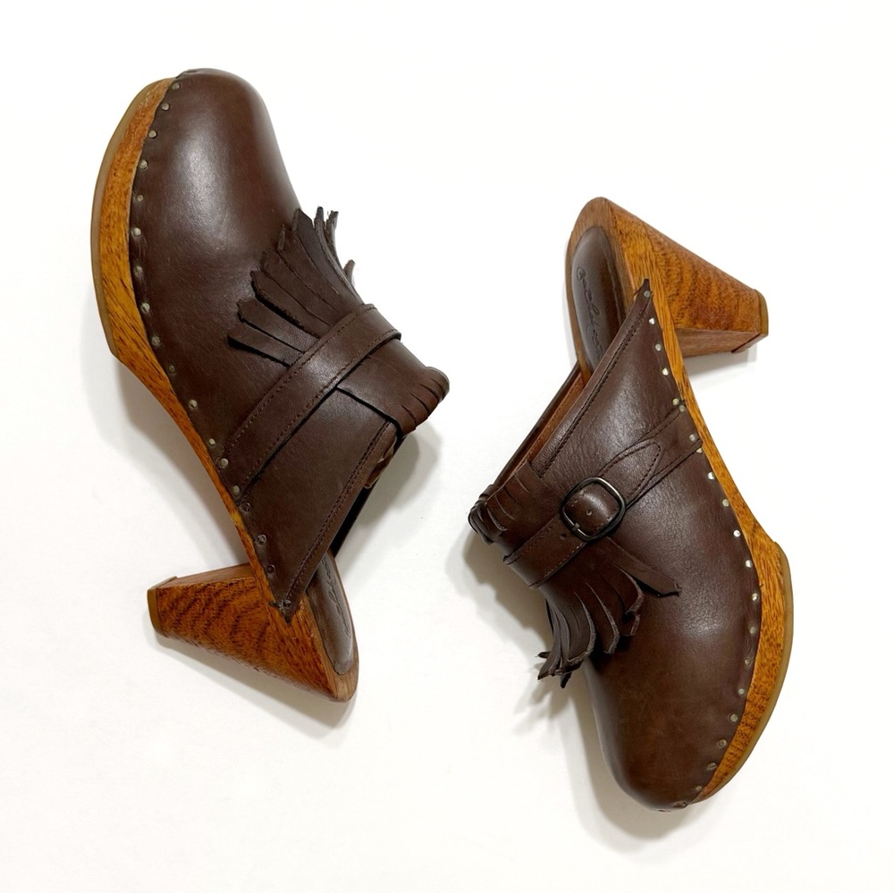 RACHEL COMEY BROWN LEATHER FRINGE WOOD HEEL CLOGS MULES - Picture 2 of 15